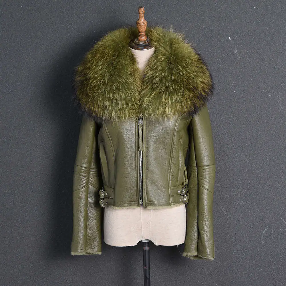 Khaki Green Новинка, Женское пальто из натуральной кожи, пальто с подкладкой из натурального меха, модная Толстая теплая байкерская куртка с воротником из меха енота, S7009 - Цвет: Khaki Green
