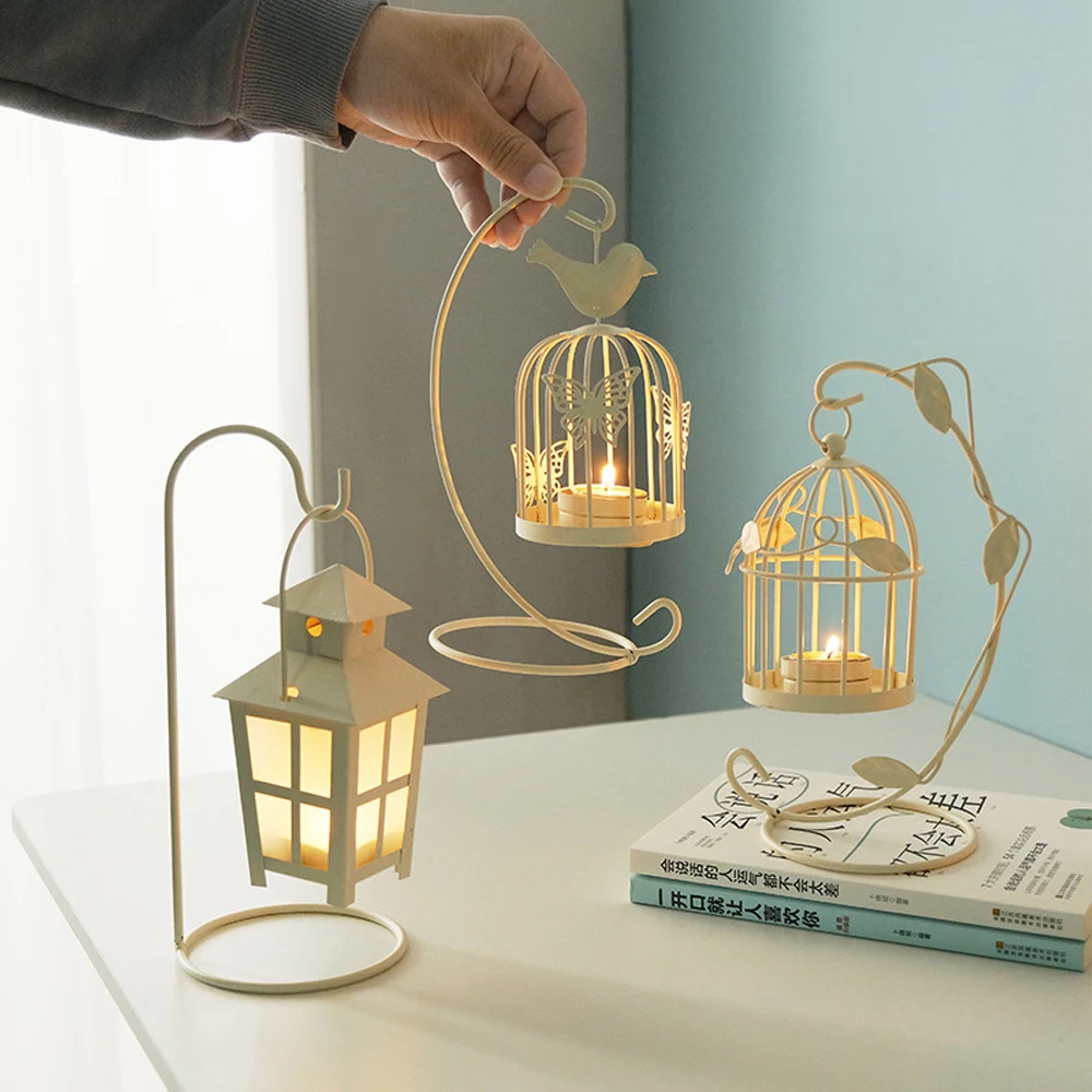 

1Pcs Nordic Romantic Wrought Iron Vintage Candle Holders Leaf Bird Cages Candlesticks Decorative For Home Deco Atmosphere Props