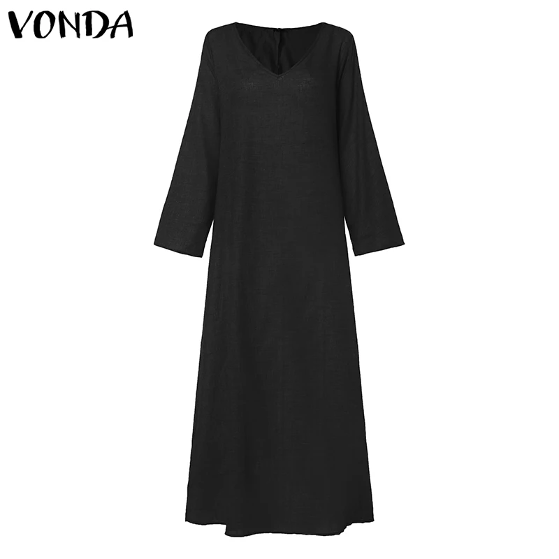 Black VONDA женское богемное длинное платье макси, повседневное свободное пляжное платье с длинным рукавом, Осенние вечерние платья, винтажное платье для женщин размера плюс - Цвет: Black