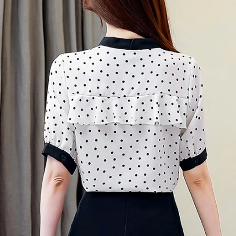 

2021 Fashion Women Chiffon Blouses Short Sleeve Ruffles Women Clothing Bow Dot Womens Tops And Blouses White Ladies Tops 5560 50
