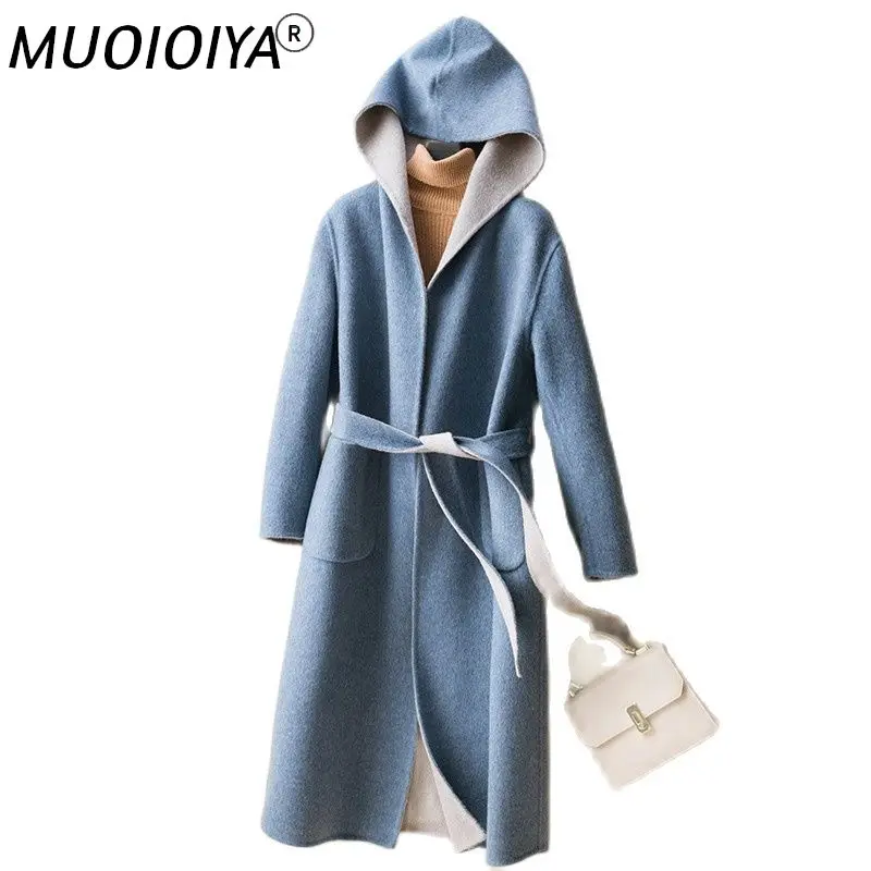 

Женское двустороннее шерстяное пальто, двухцветное шерстяное пальто, свободная кашемировая верхняя одежда с капюшоном, женская одежда