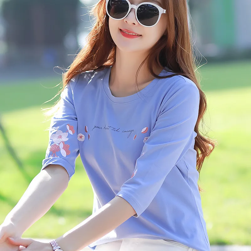 Женская футболка с круглым вырезом синяя фиолетовая полурукавами свободная