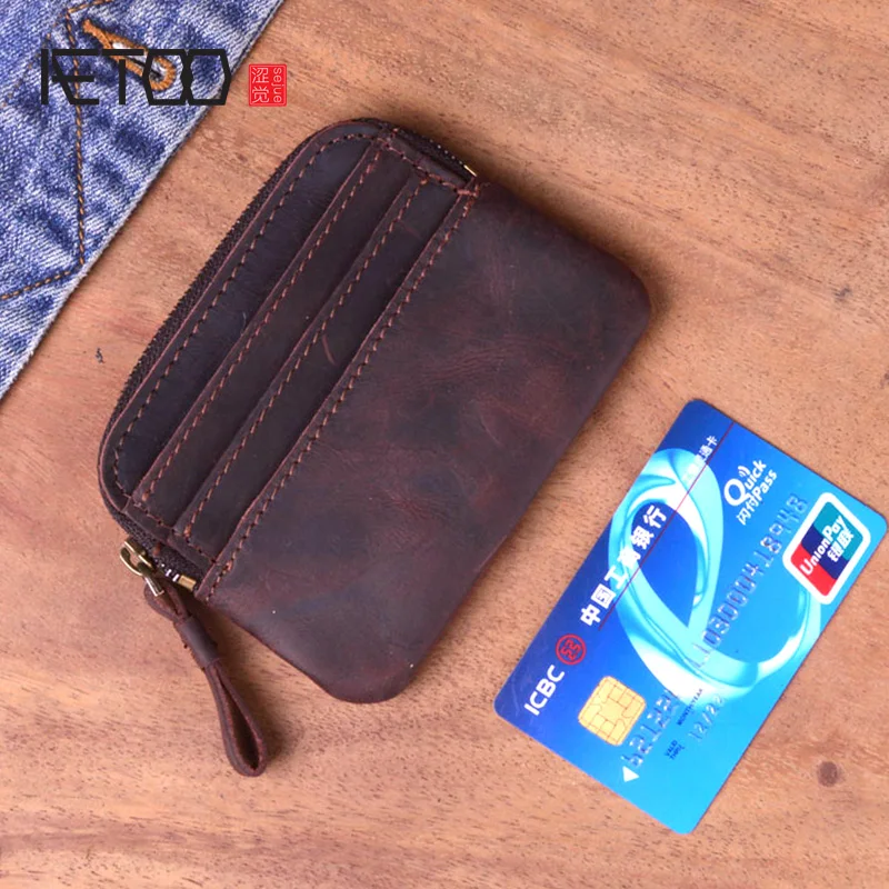 

AETOO Crazy horse leather retro men's leather wallet cowhide mini coin purse women's card bag zipper coin bag