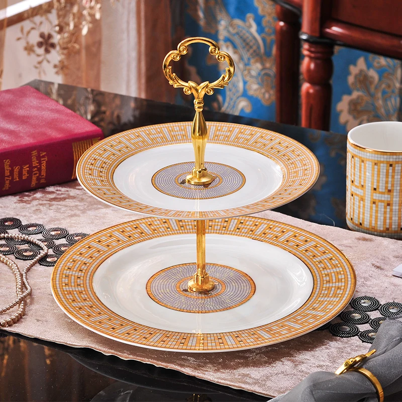 Gold Ceramic Dish Round Tableware Dinner Dishes Sets Food Cake Double Fruit Plates | Дом и сад
