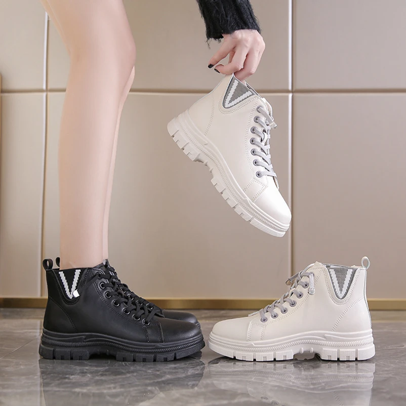 

Women Solid Martin Modern Boots 4cm Heel Chunky Black Ankle British Lace Up Booties PU Leather Motorcycle Woman Cute Shoes 2021