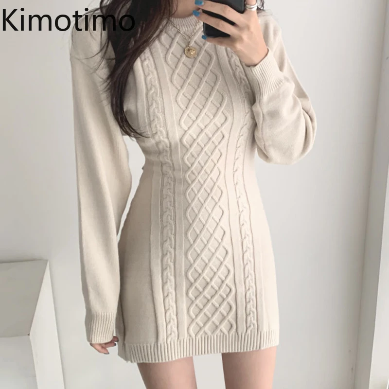 

Kimotimo Knitted Dress Women Korean Chic Autumn Winter Retro Backless Rhombus Hemp Pattern Design Slim Buttocks Sweater Dresses