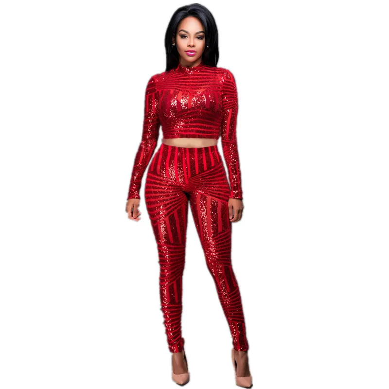 

Hot Sale 3 Color Plus Size Two Pieces Sexy Long Sleeve Sequins Jumpsuit Women Bandage Wrapped Strapless Print Night Clubwear Par