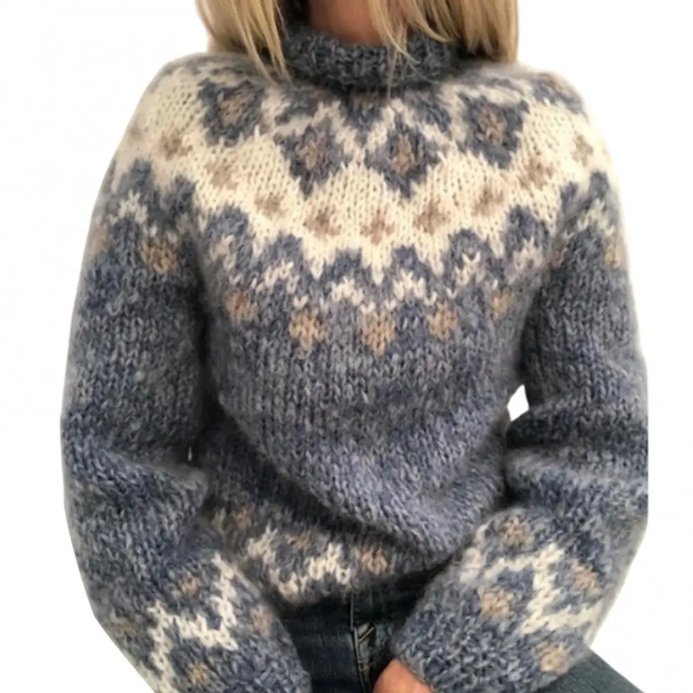 

Printed Women Turtleneck Knitted Sweater Jacquard Weave Long Sleeve Jumper Warm Pullover