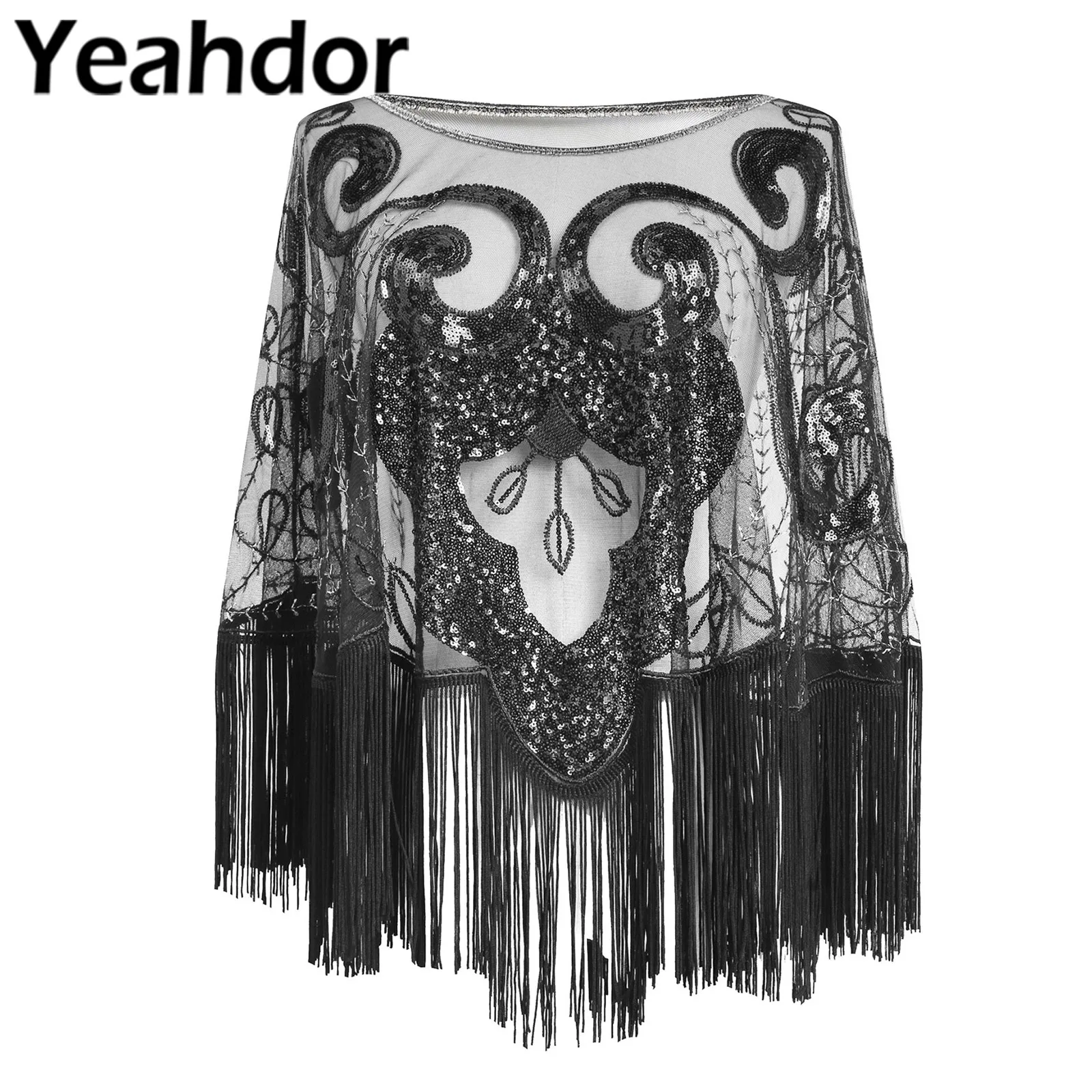 

Womens Vintage Sequin Embroidery Tassel Shawl Wrap Sheer Lace Cape Flapper Cover Ups for Evening Dresses Wedding Bridal Wrap