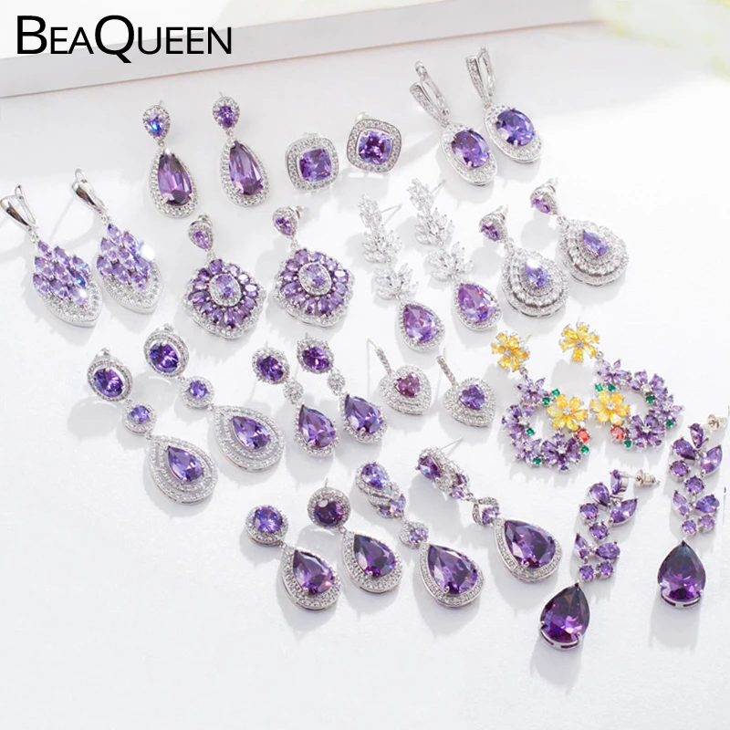 BeaQueen Романтический большой цветок падение фиолетовые хрустальные длинные