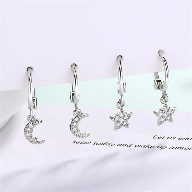 925 стерлингового серебра женские серьги Moon Star Асимметричные Эффектные серьги, ювелирные изделия корейские Brinco CZ камни SE749