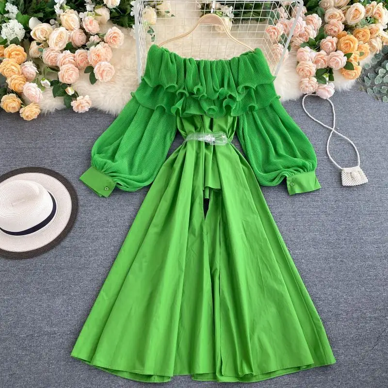 

Women Sexy Slash Neck Shirt Women Pleated Double Ruffles Lantern Sleeve Blouse Woman Candy Colors Chic Sashes Femme Blusas GK387