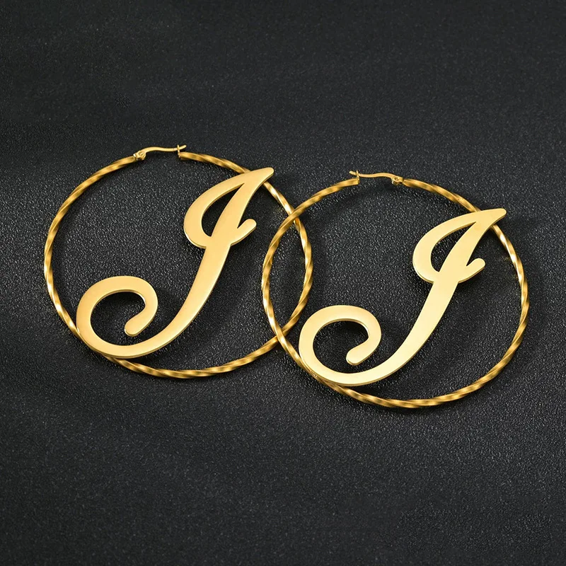 Hiphop Custom Name Earrings Bamboo Stainless Steel Initail Letter Hoop Earrings Customize Earrings Capital Letter Bamboo Earring