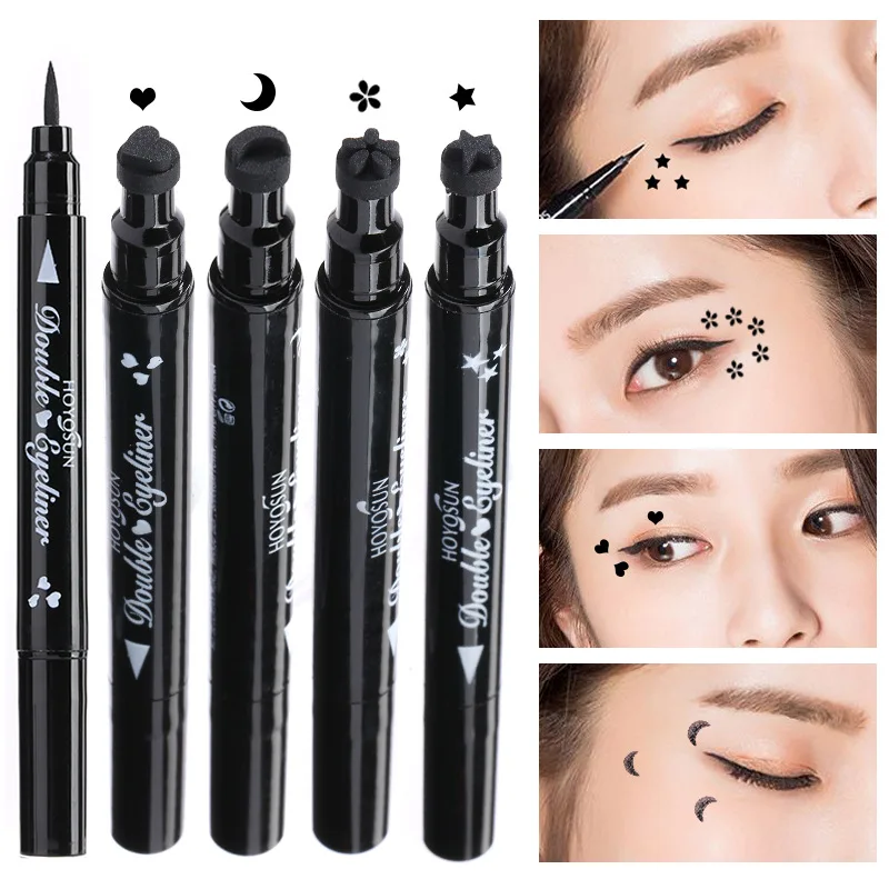 

Double Head Eyeliner Stamp Moon Star Heart Flower Black Eyeliner Pen Quick Dry Liquid Waterproof Eye Liner Pencil Makeup TSLM2