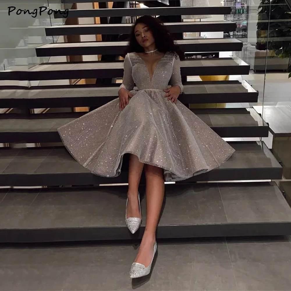 

Блестящее платье для выпускного вечера с V-образным вырезом и длинным рукавом, средней длины, свадебное платье для вечеринки, Роскошные плат...