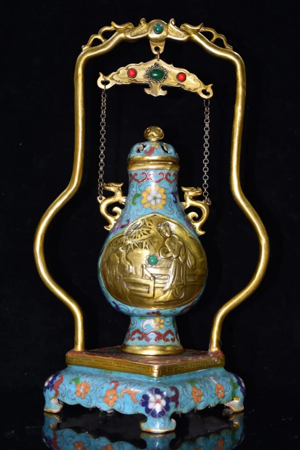 

15"Chinese Folk Collection Old Bronze Cloisonne Gilt Maid illustration Bottle incense burner Office Ornaments Town House