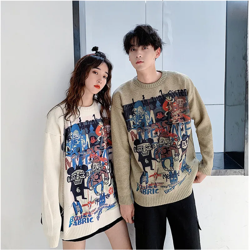 Мужской свободный свитер повседневный вязаный студенческий большого размера в