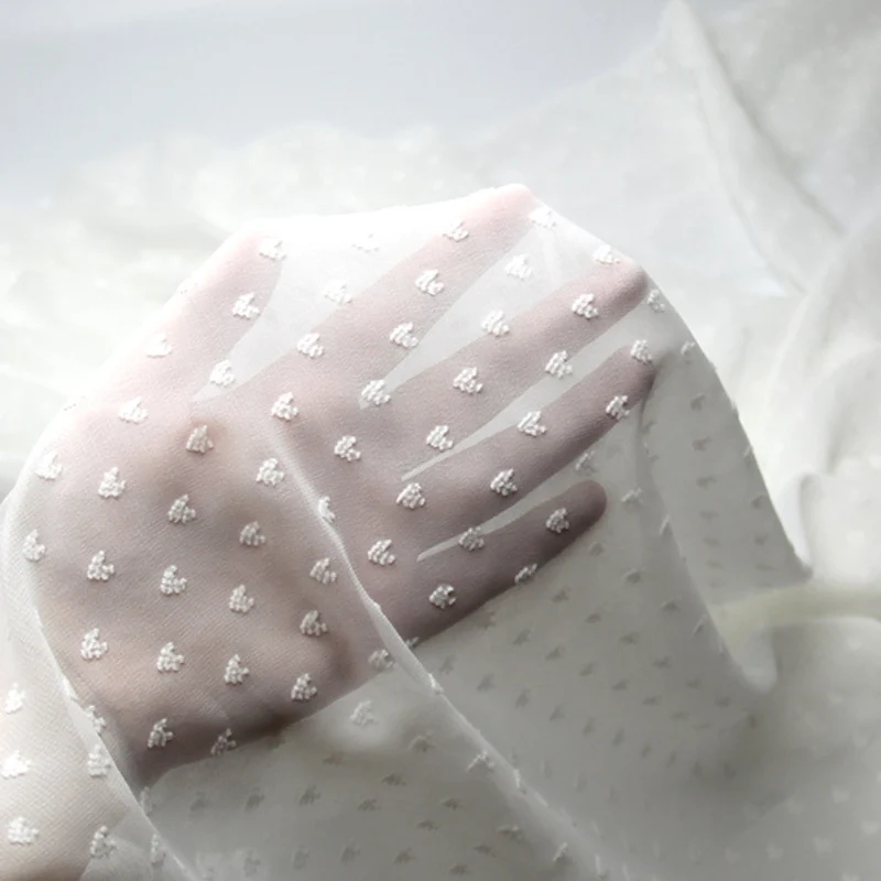 

Dots Embroideried Lace Fabric Vintage Semi Sheer Chiffon Fabric For Dress By The Meter, Black, White,Green,Navy Blue,Peach Pink