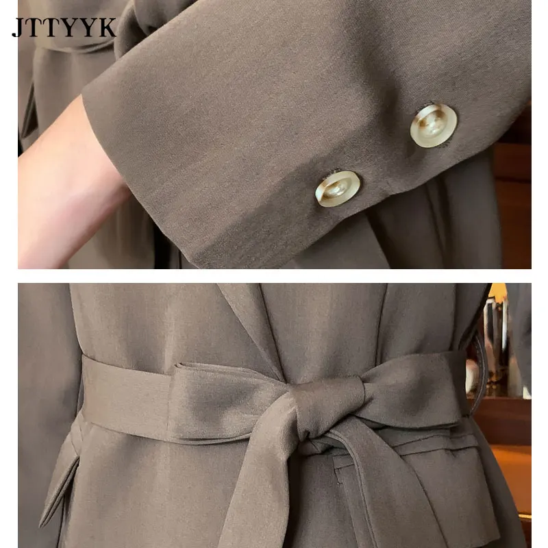 

2021 Spring Autumn Coat Lady Office Blazers Solid Belt Buttonless Slim Business Suit Jacket Coffee Color Elegant Outerwear Women