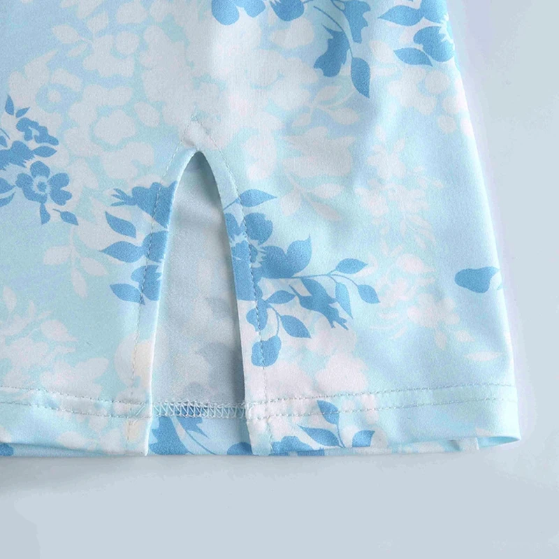 

Women Sexy Spaghetti Strap V-Neck Lace Trim Bodycon Mini Dress Vintage Floral Print Side Split High Waist Summer Camis Party Clu