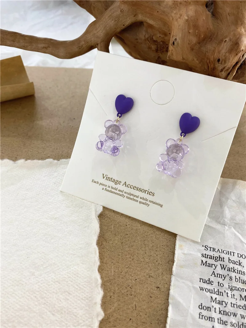 

Retro transparent bear earrings colorful love transparent earrings cute girlish style bear earrings
