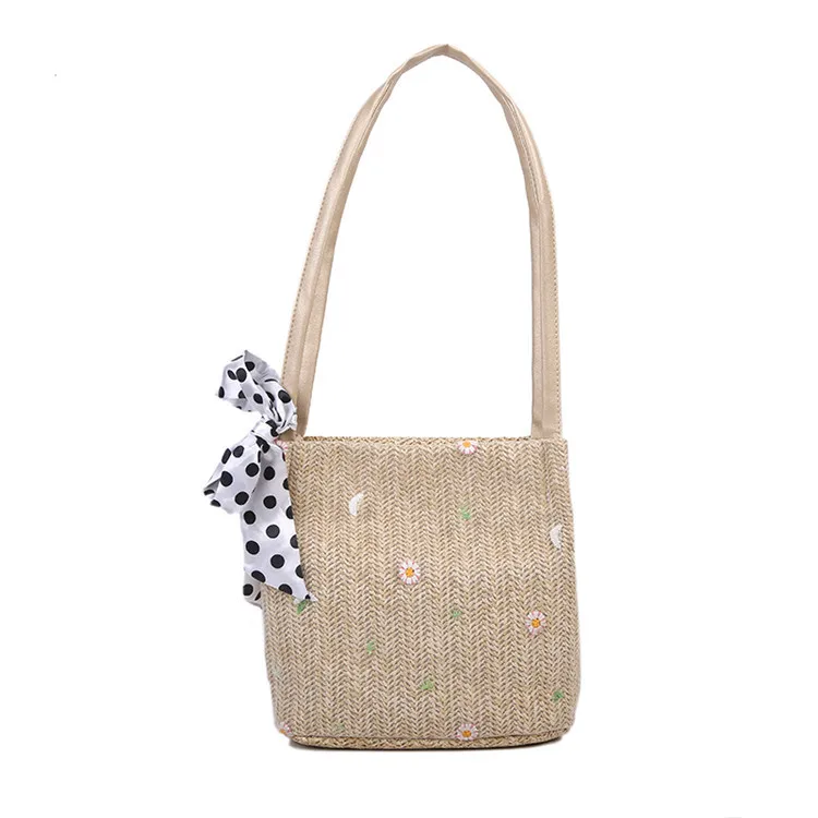 

Handmade Ribbon Woven Straw Bag Summer Women Messenger Crossbody Bags Girls Beach Handbag High-Capacity Flower embroidery Bag