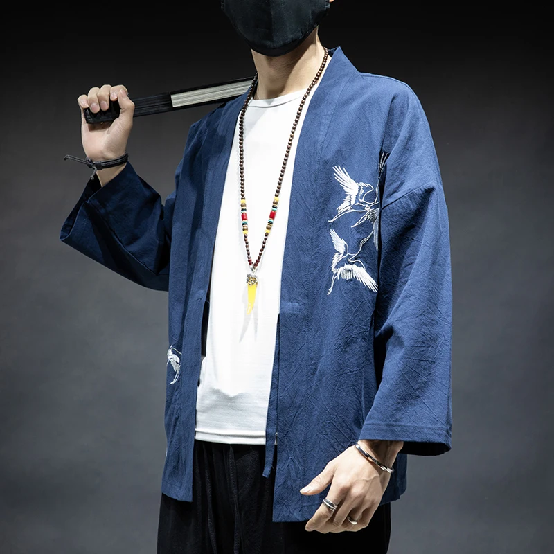 

Japanese Style Kimono Robes Traditional Crane Print Haori Cardigan Asian Clothes Samurai Yukata Men Jackets Kimono Cardigan