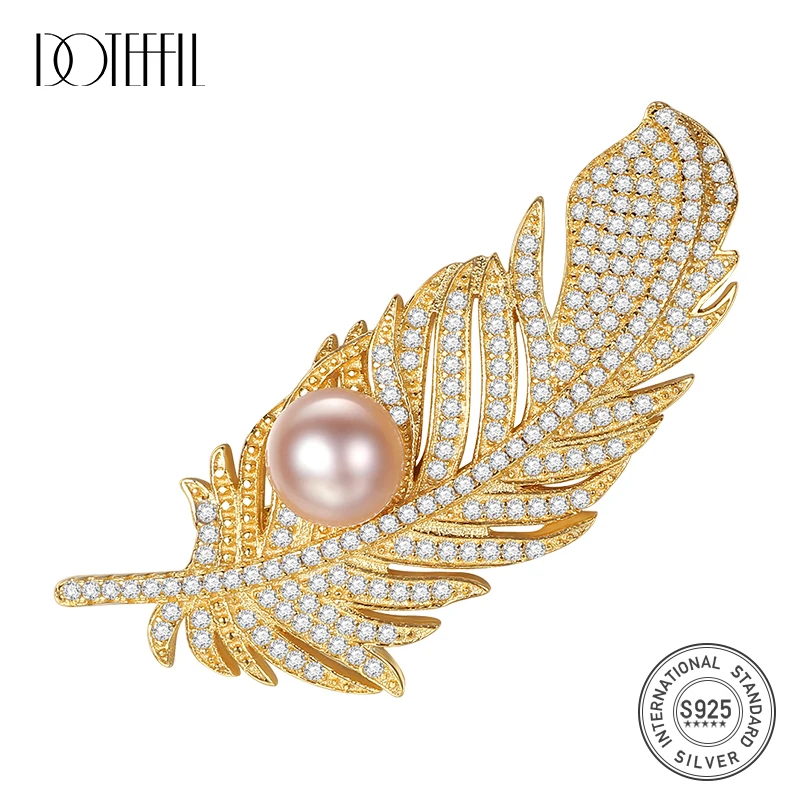 

DOTEFFIL 925 Sterling Silver AAA Zircon Pearl Tree Leaf Gold Brooch For Woman Fashion Wedding Engagement Party Charm Jewelry