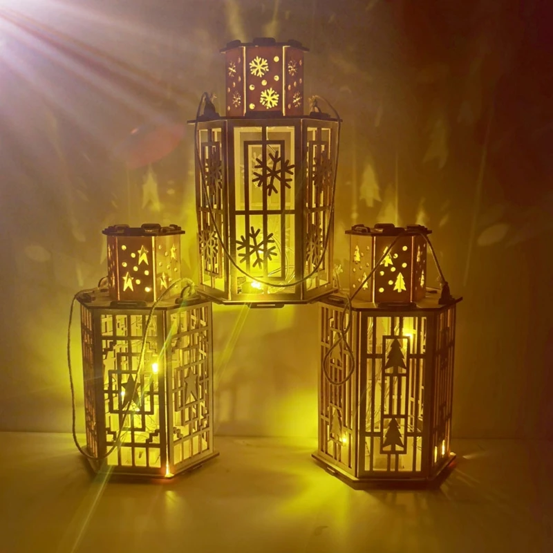 

Christmas DIY Wooden Hexagon Lantern Xmas Tree/Five-pointed Star/Snowflake Pattern LED Night Light Home Decor Ornaments