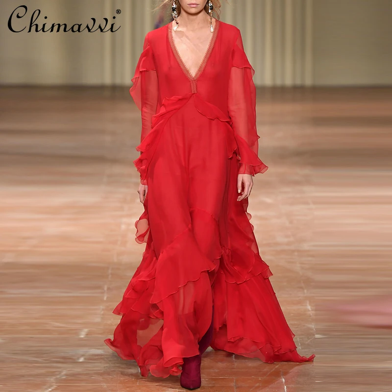 

Hepburn Style Retro Maxi Dress Women Fashion Sexy V-neck Red Dress Seaside Vacation Beach Slimming Fairy Floor-length Dress New