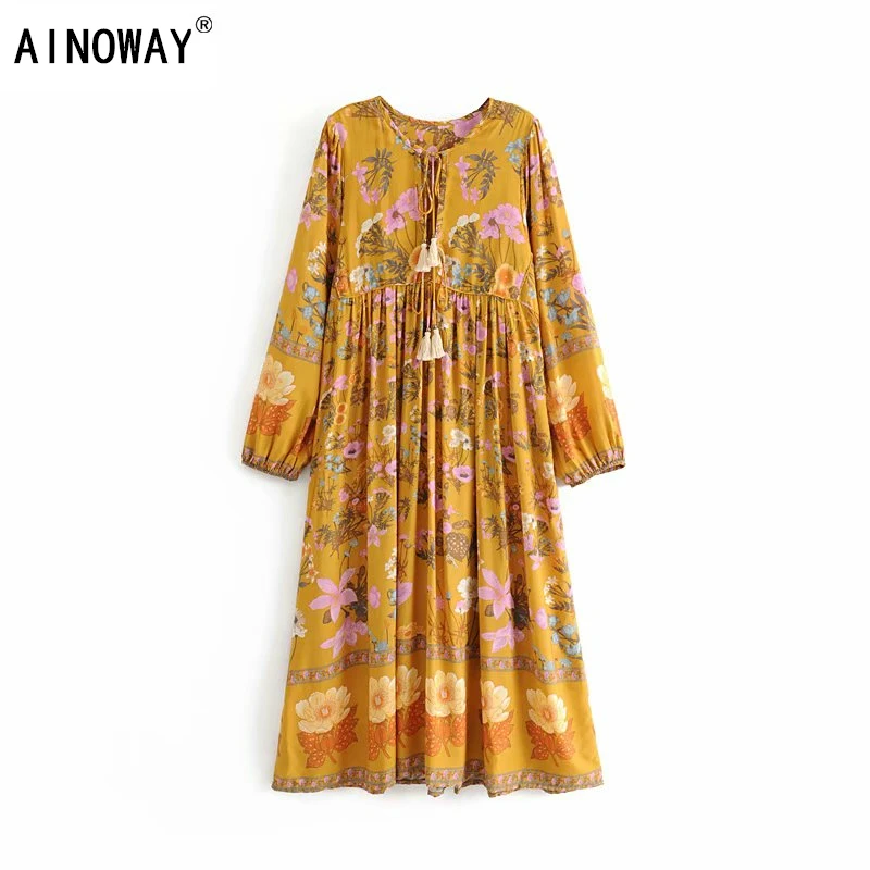 Винтажное шикарное модное богемное женское платье миди с цветочным принтом и