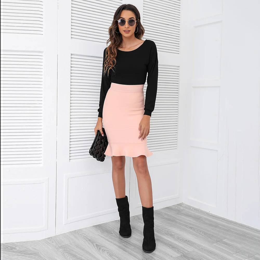 

2021 Vestidos Bodycon Summer Pencil New Fashion Pink Skirt Size S M L Sexy Knee Length Ruffle Bandage Skirt Women Elastic Skirts