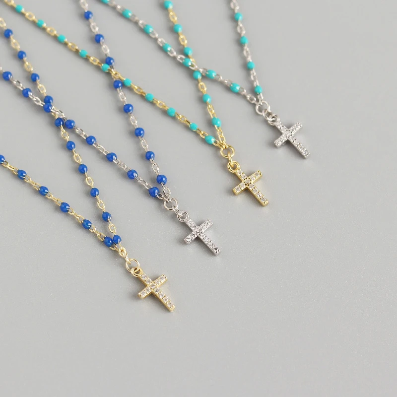 

WTLTC 925 Sterling Sliver Beaded Link Mini Cross Necklace Vintage Dotted Chains Drop Pendant Necklaces for Women Simple GIfts