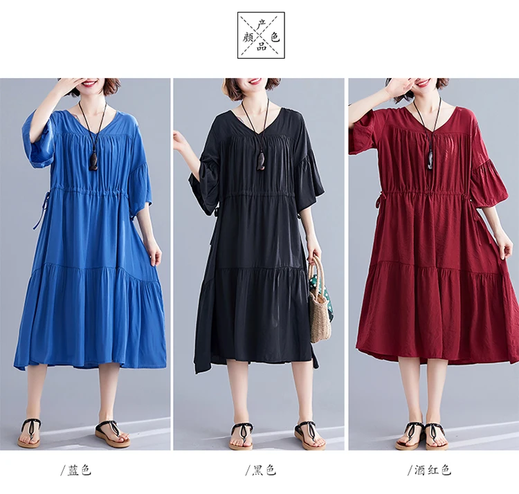 DIMANAF, женское платье большого размера, летнее, модное, женское, vestidos, сарафан, свободное, плиссированное, ниспадающее, с рюшами, повседневное, женское платье, 5XL