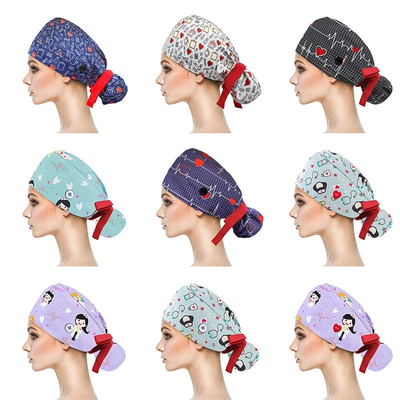 

2021 Hot Working Cap Nurse Doctor Sweatband Bouffant Turban Hat Button Tie Adjustable Hat 1 Pcs