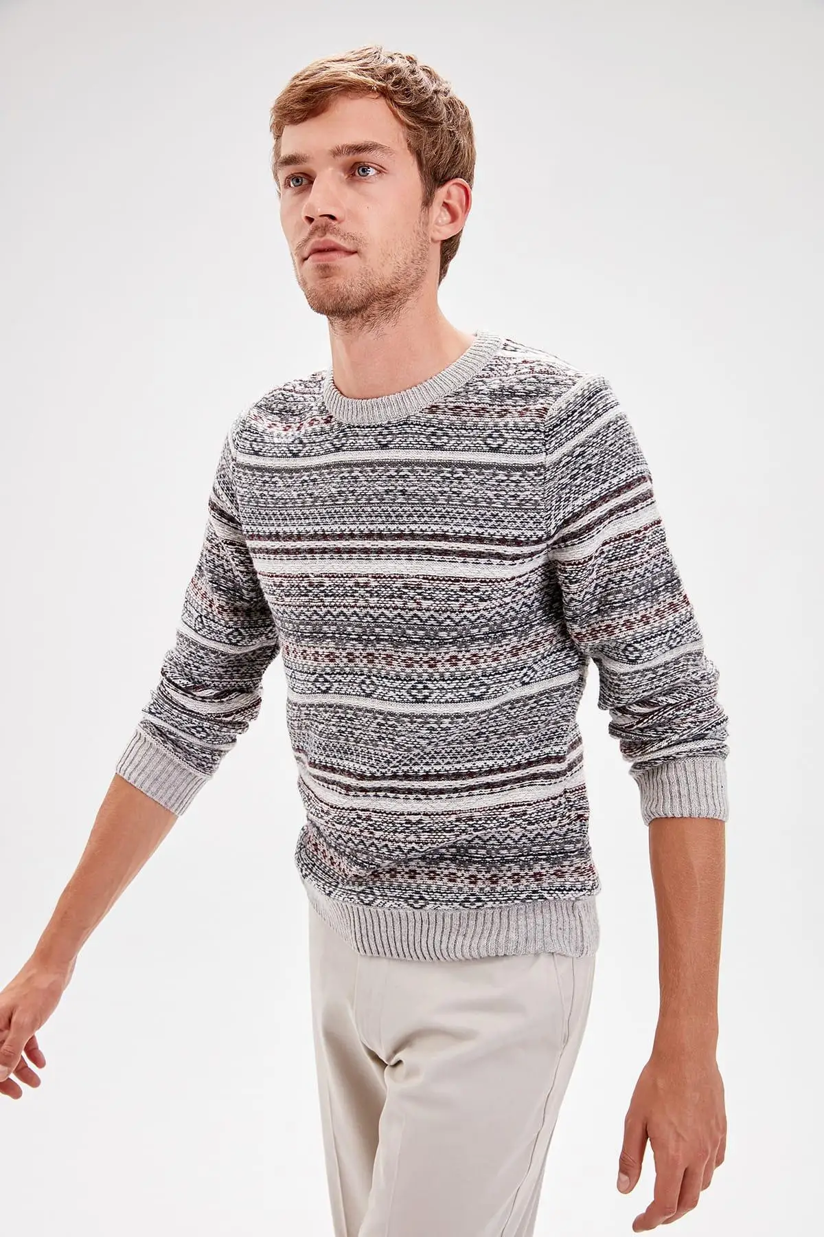 Мужской трикотажный свитер из жаккарда с воротником для велосипеда серый цвет