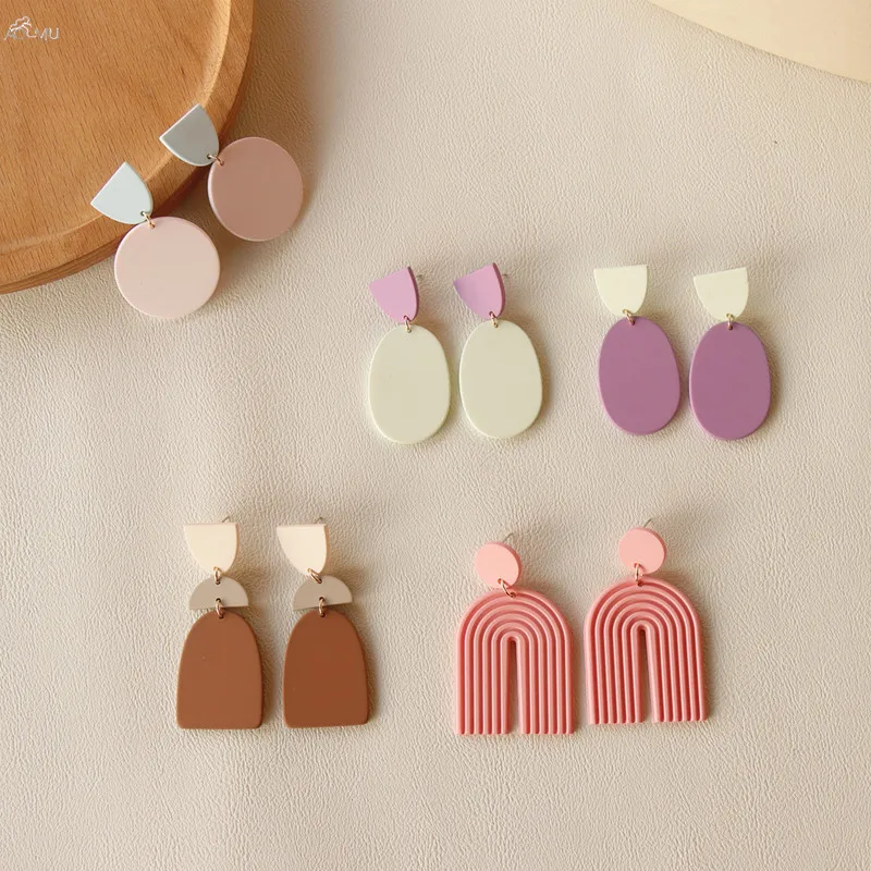 

AOMU 2020 Korea Fashion Macaron Color Geometric Round Oval Dangle Drop Earrings for Women Pink Acrylic Earrings Jewelr