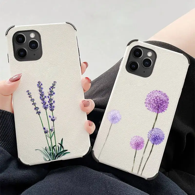 

Simple Lavender Purple Flowers Phone Case Lambskin Leather For iphone 12 11 8 7 6 XR X XS PLUS MINI PLUS PRO MAX Shockproof
