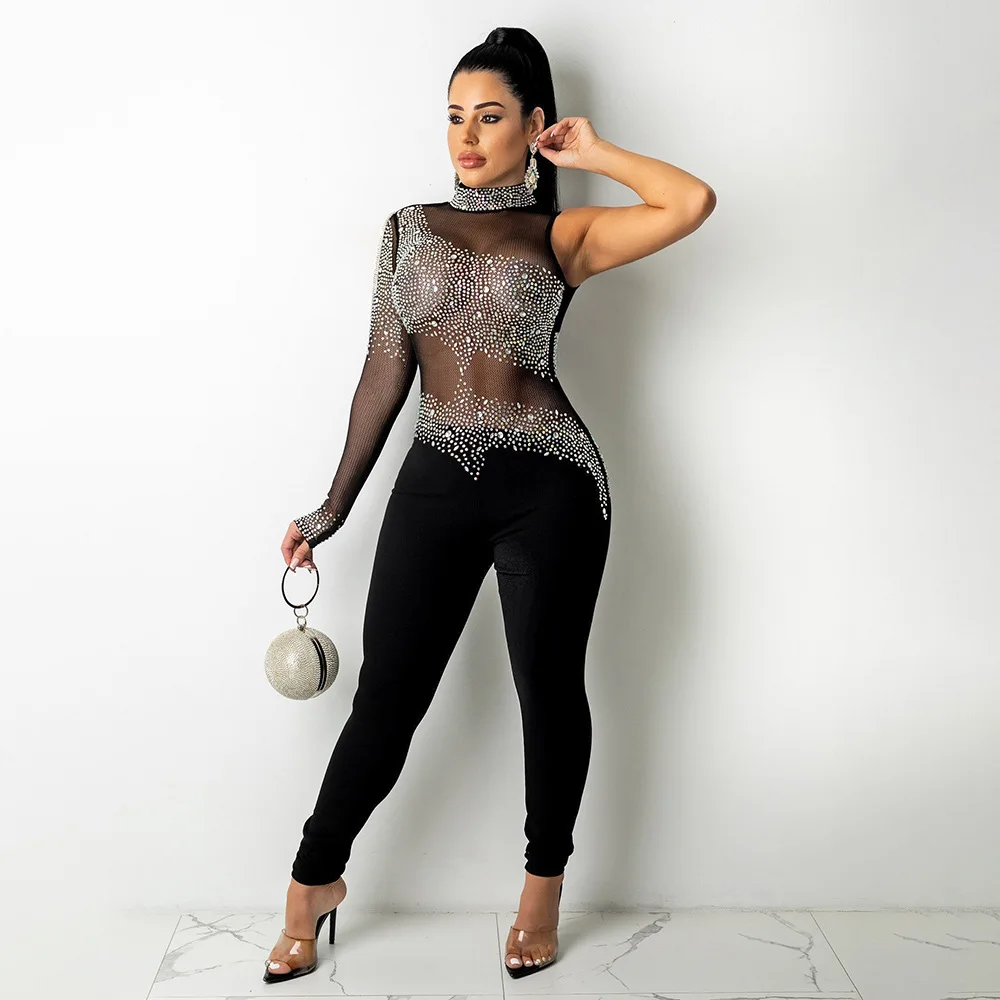 

Women's diamond jumpsuit and jumpsuit summer sexy long jumpsuit casual mesh see-through long-sleeved jumpsuit jumpsuit