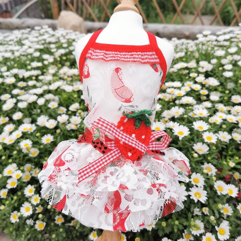 

Summer Puppy Dog Princess Dress Fashion Lace Print Tutu Dress Strawberry Bowknot Sling Skirts For Small Dogs Clothes Chihuahua