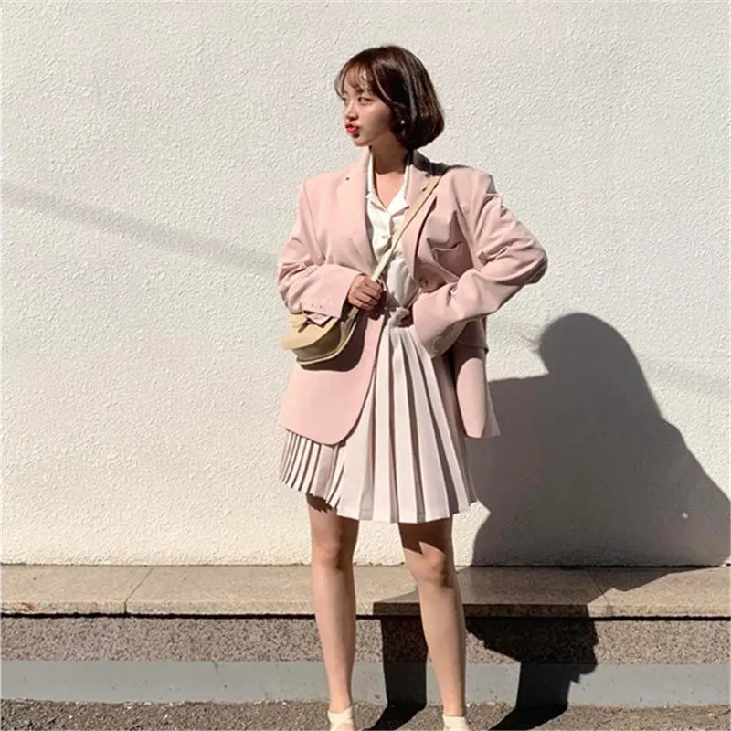 

HziriP Gentle Pink Full Sleeves All Match Autumn 2020 Slender Chic Loose Plus Size Streetwear High Quality OL Women Blazers