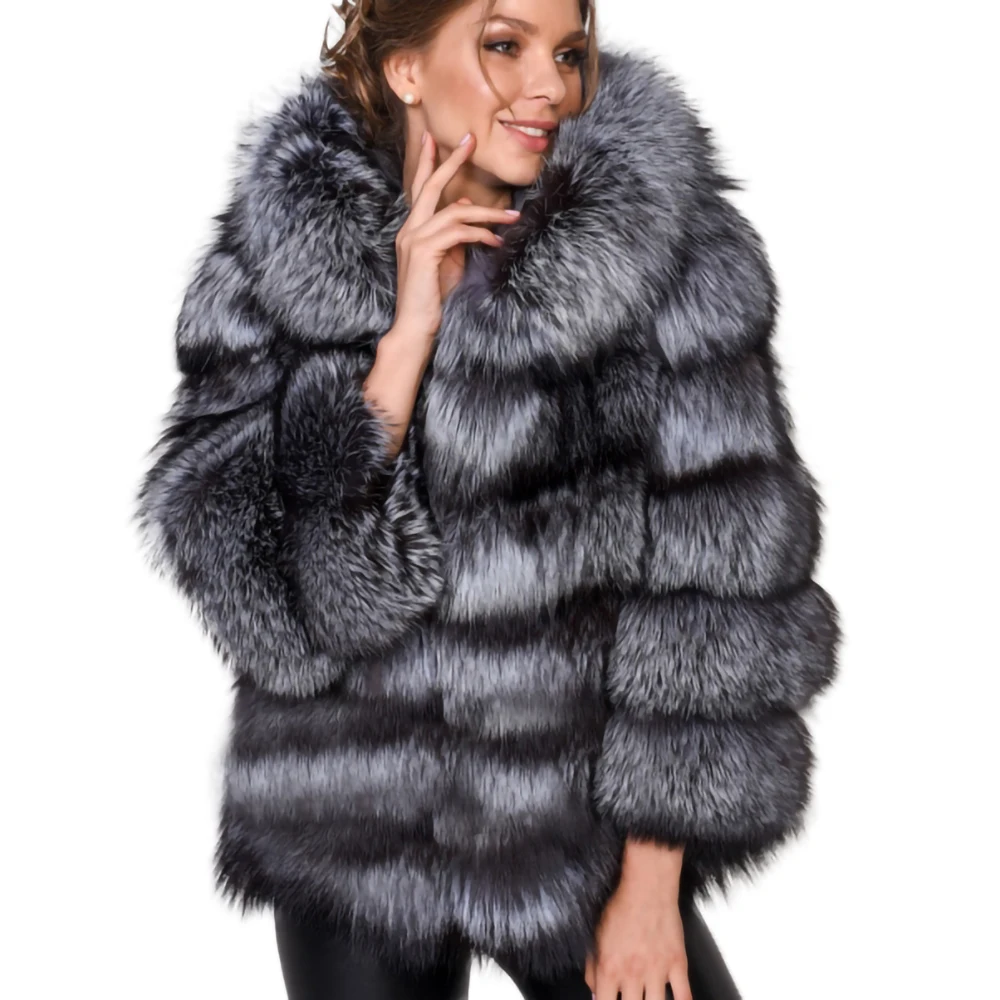 

TOPFUR New Fashion Real Fur Coat For Women Winter Thick Fur Jacket With Hood Luxury Winter Natural Silver Fox Fur Outwear