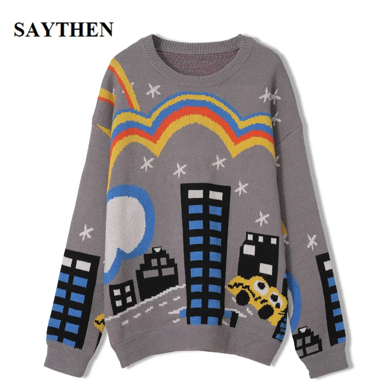 

Saythen Rainbow Pattern Knit Sweater Women 2020 Fall/Winter New Loose Pullover Outer Wear Black Female Student Top