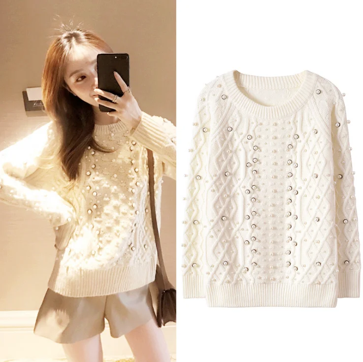 2020 Vintage Women Sweater And Pullovers Pearl Beading Long Sleeve Knitted White Tricot Pull Femme | Женская одежда