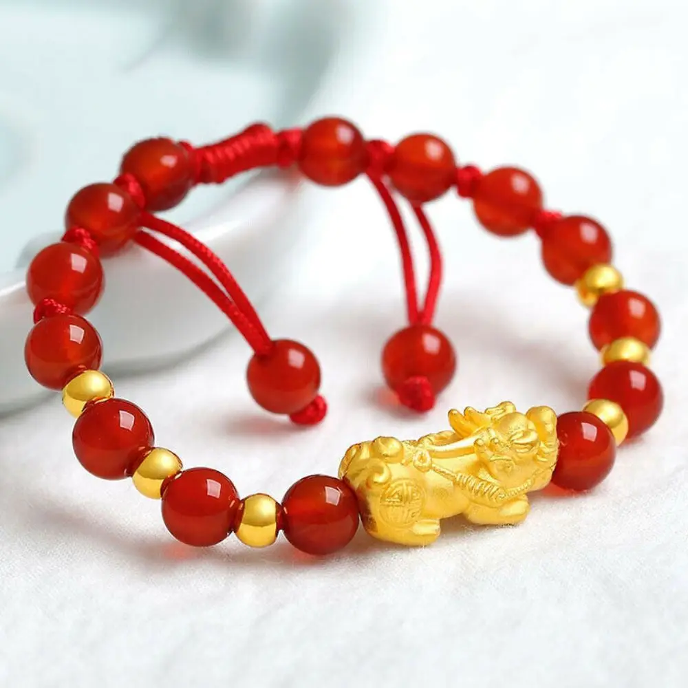 

Genuine 24K Yellow Gold Pixiu with 6pcs Round Beads Red Agate Beads Bracelet Length from 5" to 15" For Lady