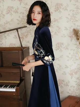 Синее бархатное длинное платье qipao Vietnam ao dai с вышивкой|qipao styles|cheongsam stylecheongsam |