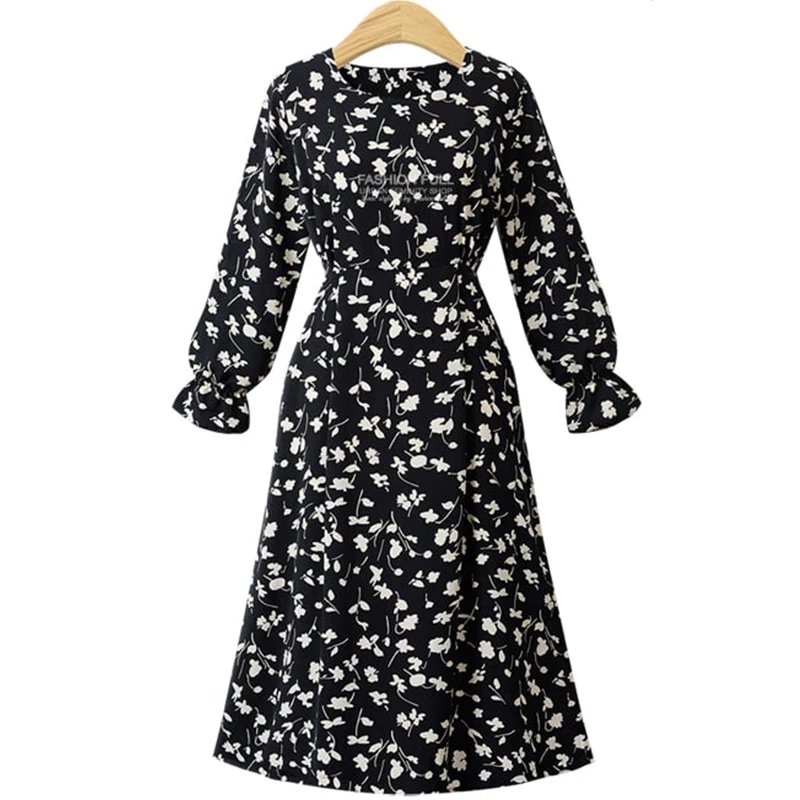 

Women Printed Lace-up Dresses Plus Size O-Neck Long Sleeve Vintage Dress Elegant Lady Long Dress Spring Autumn