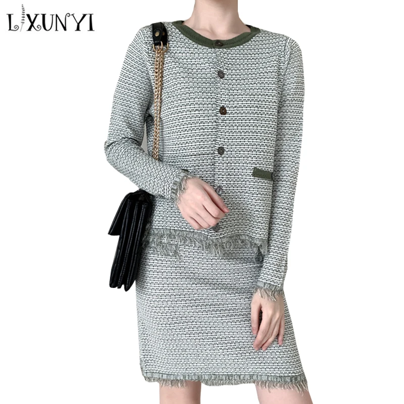 Lunxyi/осенне зимние корейские Женский комплект 2 шт. элегантный вязаный кардиган с