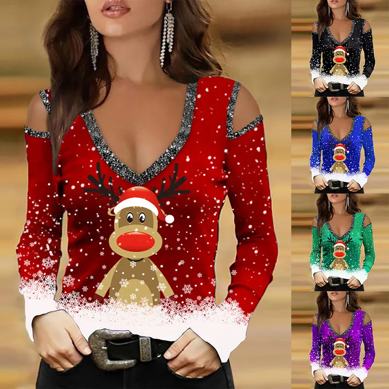 

S-5XL Plus Size Women Christmas Casual Long Sleeve Top Lovely Elk Pattern Ladies V Neck Sexy Off Shoulder Loose T-Shirt Club Tee