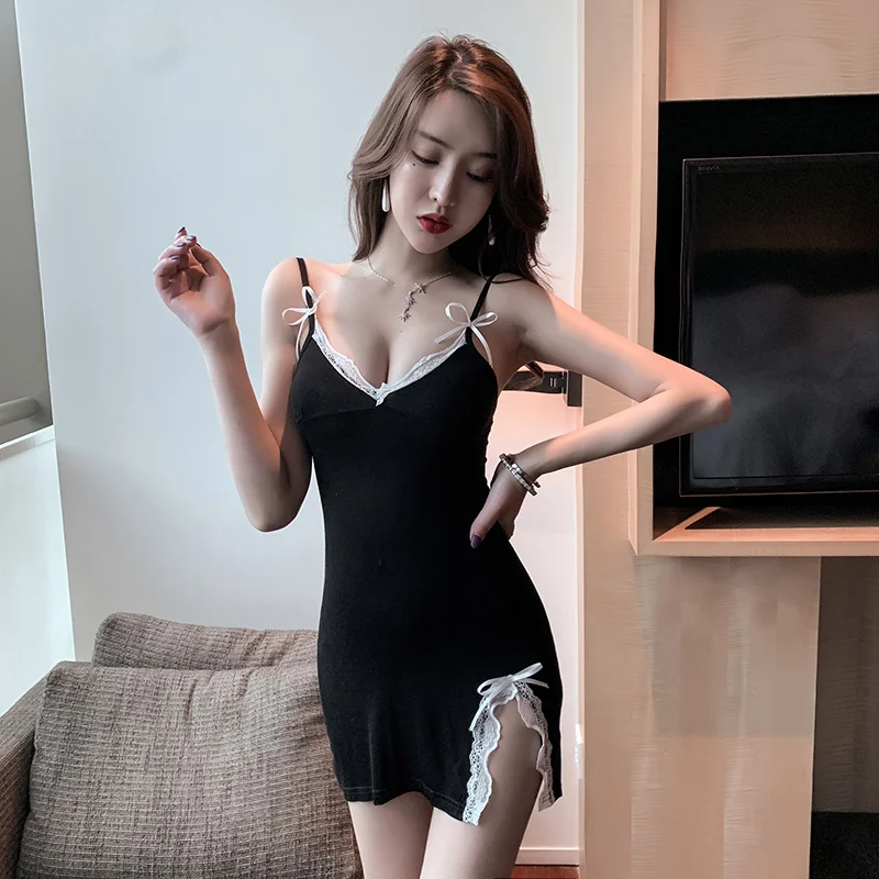 

Sexy V-neck Low-Cut Lace Edge Suspender Skirt 2021 Spring and Summer Bottoming Skirt Slim Fit Slit Dress